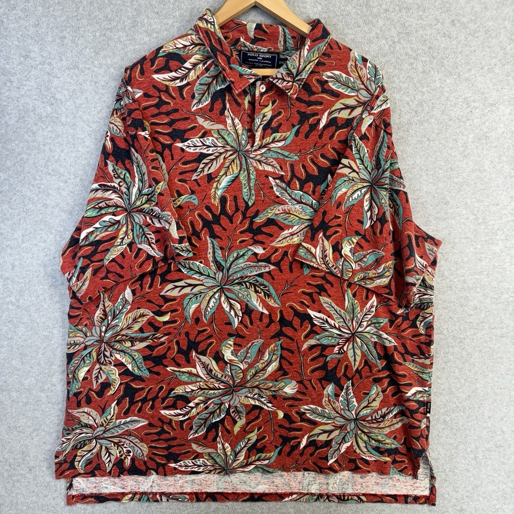 VTG Polo Sport Ralph Lauren 2XLT Red Tropical Leaf Shirt 60% Hemp 40% Cotton - Picture 2 of 16